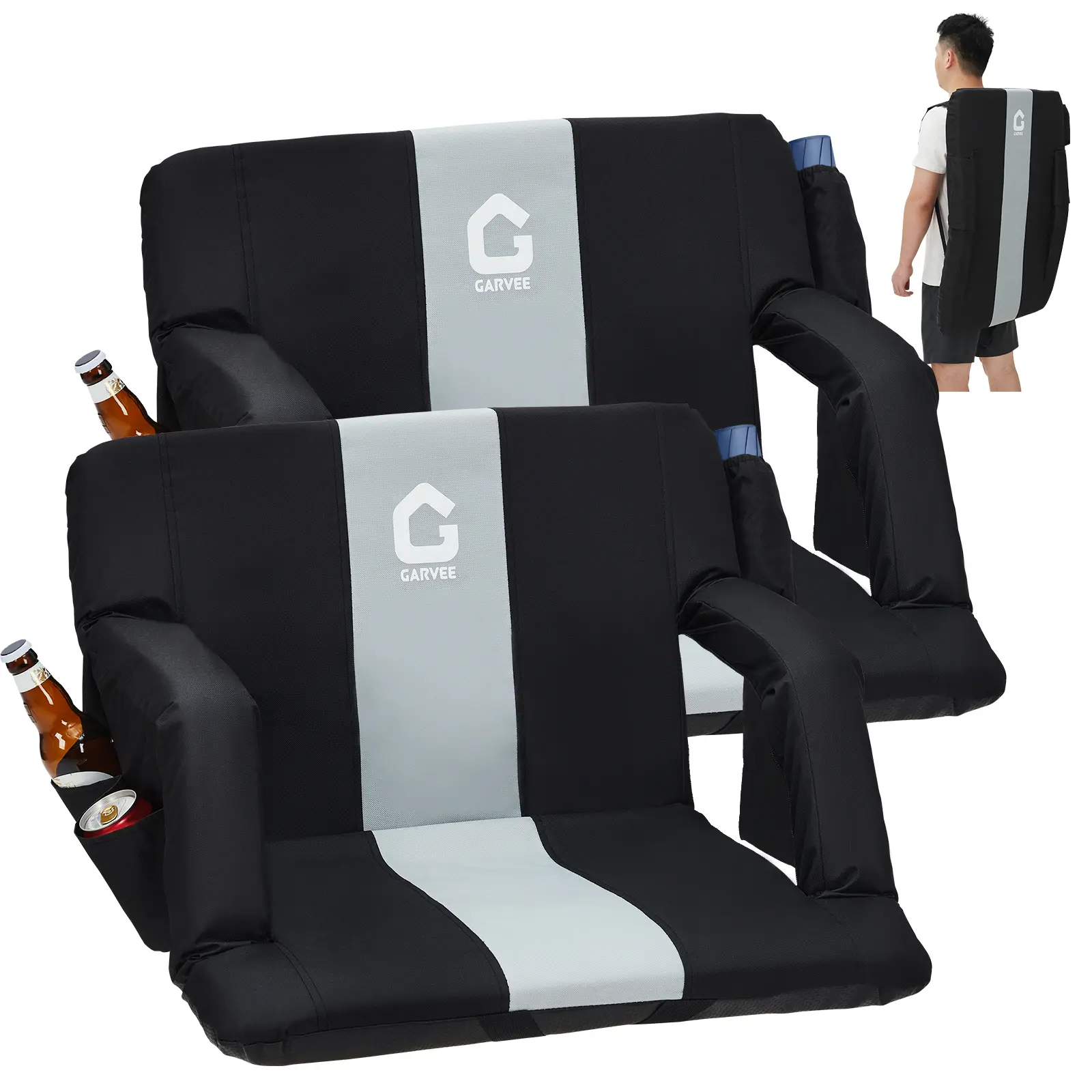 Folding Padded Seats Stadium Seat - 6-Position Adjustable Reclining Bleacher Chair, 2.5" Thick Cushion, Armrests, Non-Slip Base, Dual Cup Holders, Storage Pockets, Collapsible for Sports, Concerts, Cup Holders Chairs