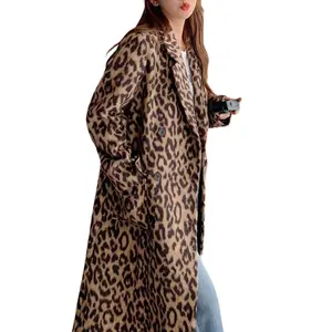 Chouyatou Womens Leopard Long Wool Trench Coat Notched Lapel Double Breasted Pea Coat Winter Warm Overcoat