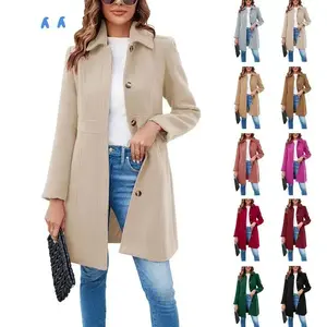 Women's Elegant Single Breasted Coat Long Sleeve Mid Wool Overcoat Work Office Pea Coats