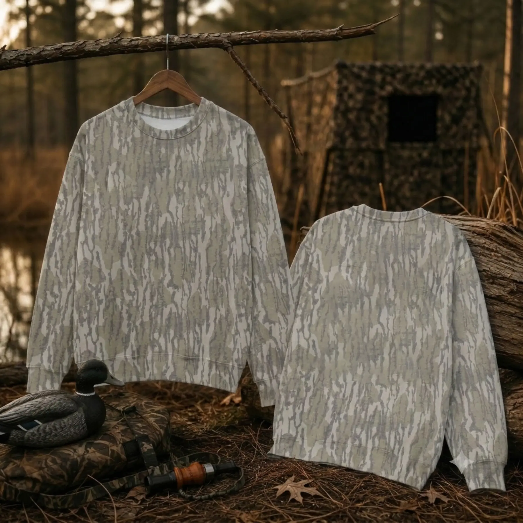Original  Bottomland Camo Crewneck Sweatshirt, Unisex Hunting Pullover, Vintage Woodland Outdoor Sweatshirt S-5XL