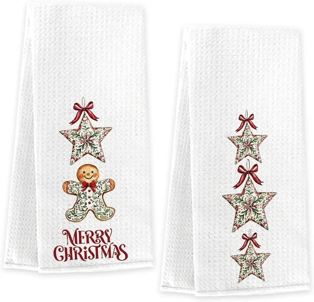 2 Pcs Gingerbread Kitchen Towels, Chinoiserie Christmas Kitchen Decor, Christmas Gingerbread Tea Dish Hand Towels Decorations for Bathroom Home 14 x 23 inches 07