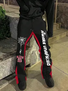 Men's Halloween Themed Letter & Spider Web Print Drawstring Waist Flare Leg Sweatpants, Casual Comfy Pocket Design Bell Bottom Trousers for Daily Wear, Men's Bottoms for Fall & Winter, Casual Fashion Trousers