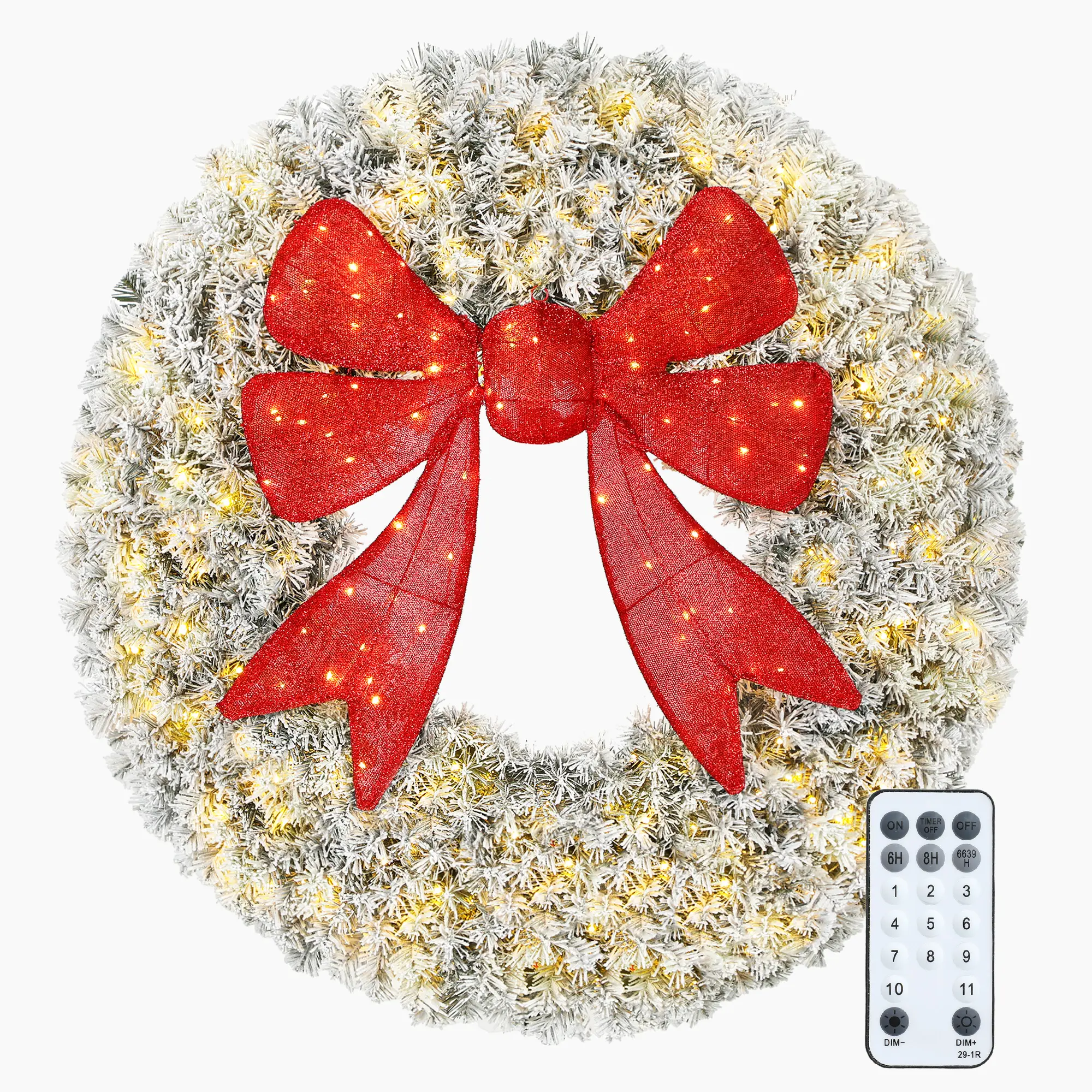 60in Flocked Pre-Lit Christmas Wreath with 3D Red Bow – 11 Lighting Modes, 300 Lights & Remote Control. Weather-Resistant. For Front Door, Mantel or Window