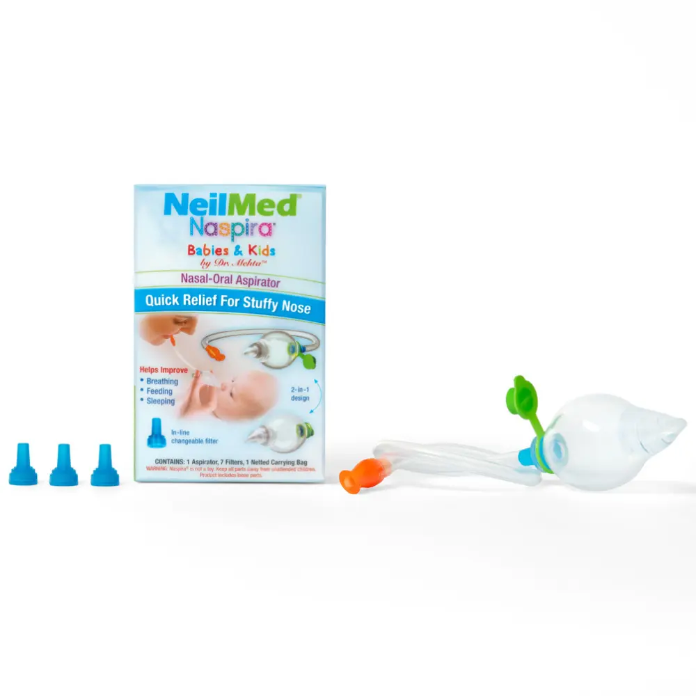 NeilMed Naspira 2-in-1 Nasal-Oral Aspirator for Babies & Kids – Bulb & Suction Design with 7 Disposable Filters, Sterilizable, Lifetime Warranty