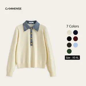 Denim Collar Wool Blend Knit Top