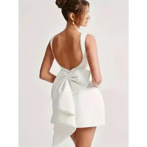 Women's Elegant A-Line Sleeveless Dress with Pearl Accents & Removable Bow - Slim Fit Zipper Back, Machine Washable Solid Basic Polyester Wedding Gown Womenswear