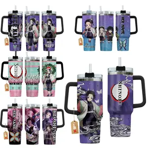 Shinobu Demon Slayer Purple Butterfly 40oz Tumbler with Handle - Aesthetic Insect Hashira Inspired Insulated Mug - Butterfly Pattern Graphic Water Bottle - Trendy Anime Travel Cup