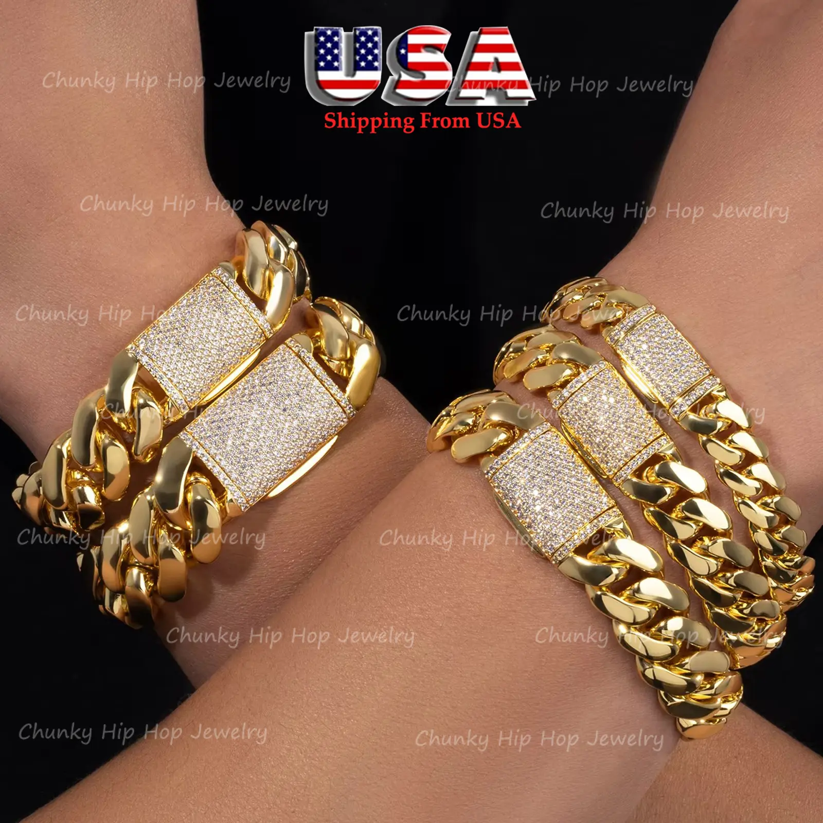 Unisex Miami Cuban Link Bracelets & Bangles - 12/14/18/20/22mm Gold Plated Stainless Steel Hip Hop Chain, Iced Out Moissanite Double Locking Foldover Clasp, Hypoallergenic Adjustable Length Costume Jewelry for Anniversary, Daily Wear, Gold Plated Bracelet