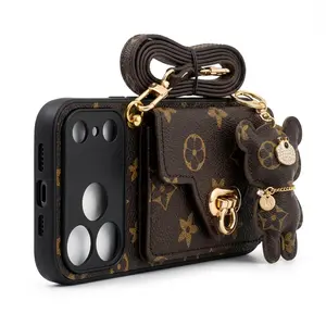Designed specifically for women, this iPhone 17 Pro Max luxury phone wallet case comes with a brown bear keychain and shoulder strap. Fashion safety is the ideal choice for fashionable women