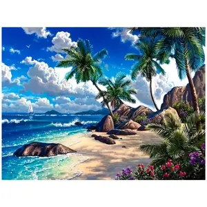 Tropical Island Beach Palm Scenery, Multiple sizes available including square and round diamonds. This 5D DIY diamond painting set diamond art embroidery kit handmade furniture decor holiday birthday art personalized gift Diamond Painting Kits.