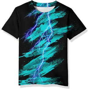 Unisex Black T - Shirt with Vibrant Teal Brush Strokes & Glowing Lightning 3D Print - Ideal for Music Festivals, Streetwear Parties, Daily Casual Wear for Youth & Trendsetters