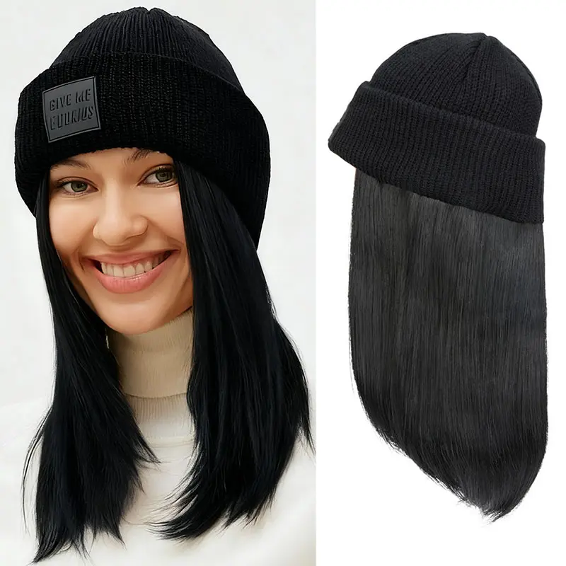 MY-LADY Female Knitted Beanie Fiber Wig - Synthetic Soft, 11in Length, Warm Comfortable Cap, Natural Look, Quick Styling, Heat Resistant Full Machine-Made, Cosplay Daily Wear Fashion Accessory Hair Extension