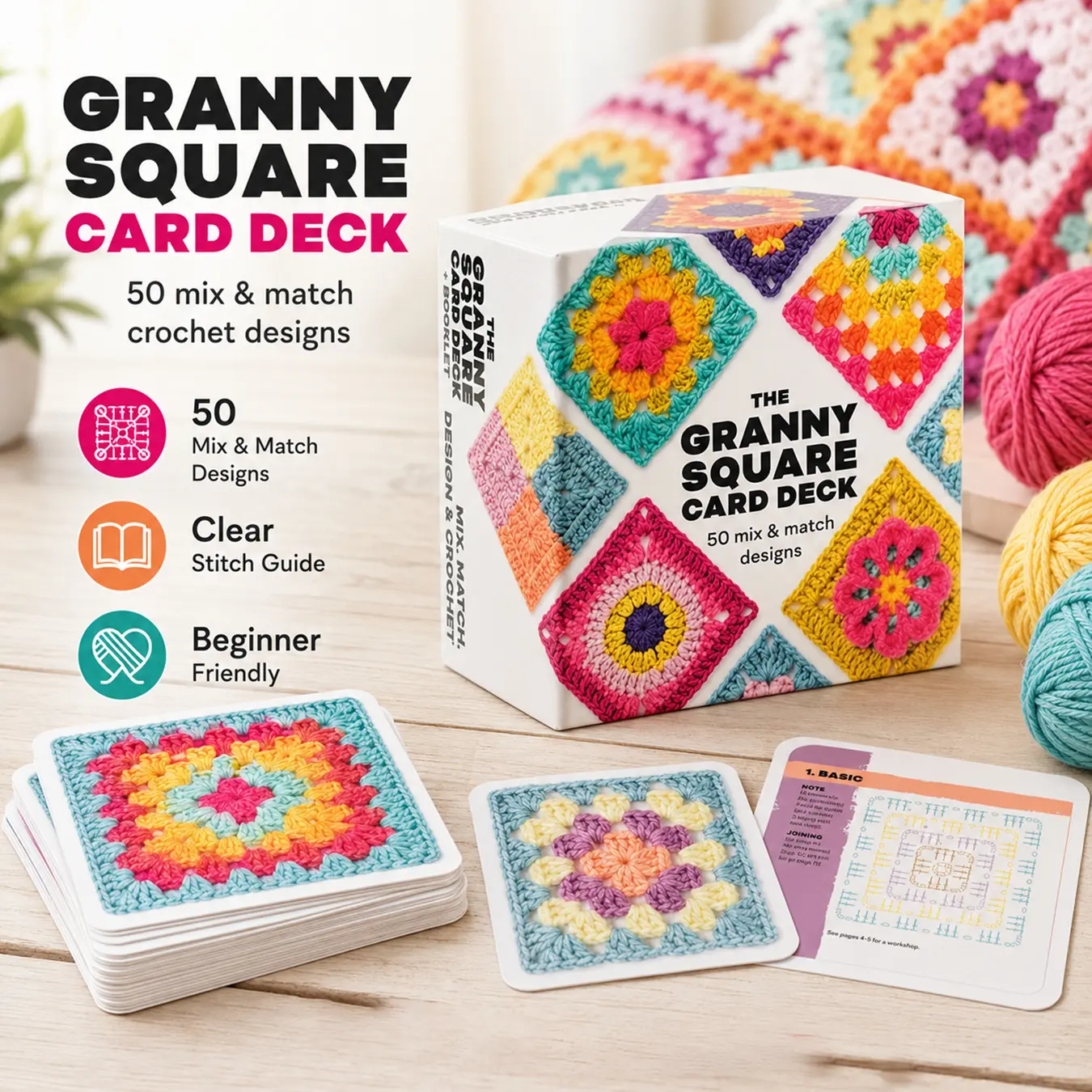 50pcs Crochet Hook Pattern Card Set, Classic DIY Granny Square Designs Knitted Pattern Set, DIY handicrafts, Clear Stitch Guide,Crochet Kit for Beginners, Awesome Color Combinations and Designs,DIY Blankets, Bags, Pillows, Crochet Patterns