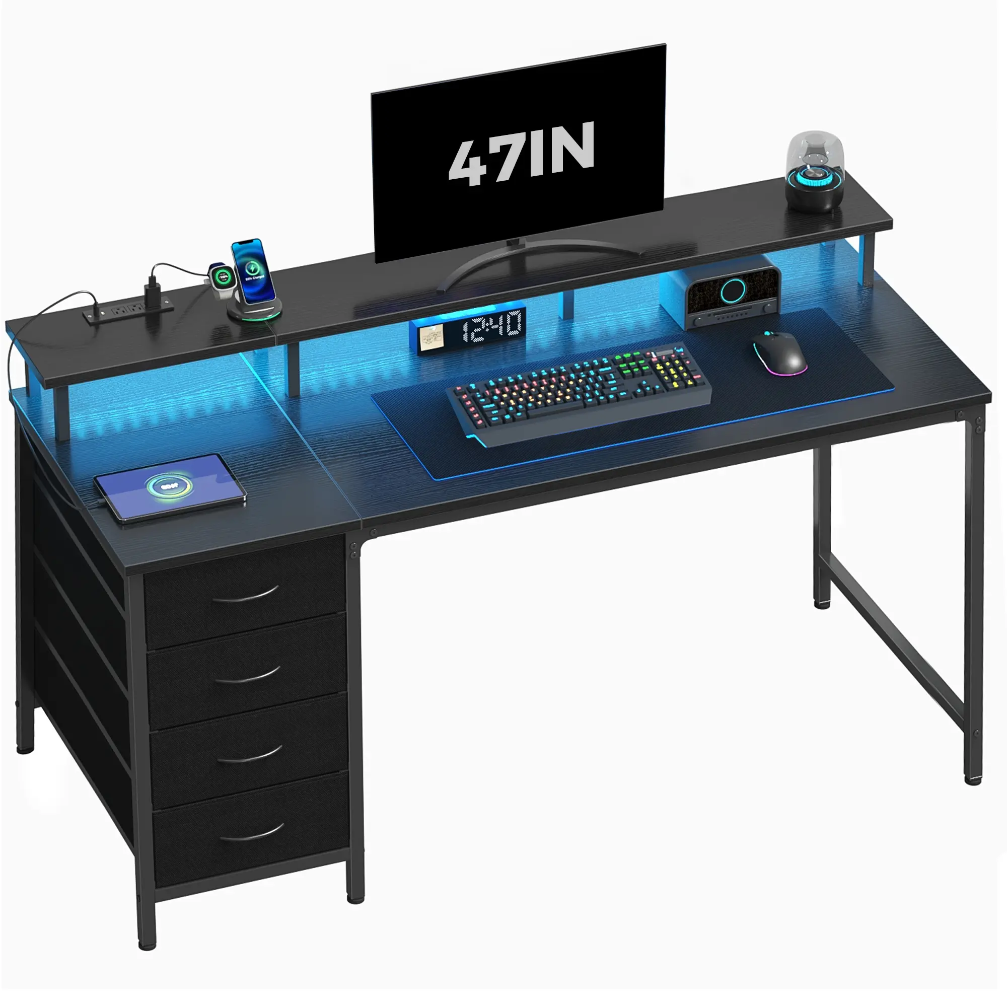 Multi-Functional Easy Assembly Esports Computer Desk - Modern Wood Office Furniture with 4 Drawers, Power Outlets, LED Lights, Monitor Shelf for Small Spaces Home Office