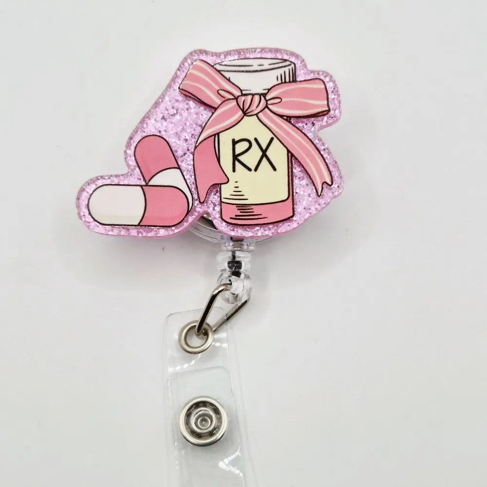 RX Prescription Coquette Pink Bow Glitter Acrylic Retractable Badge ID Reel Belt or Alligator Clip Perfect for Pharmacists, Pharmacy Techs, and Nurses id badge Cute retractable clip coquette bow