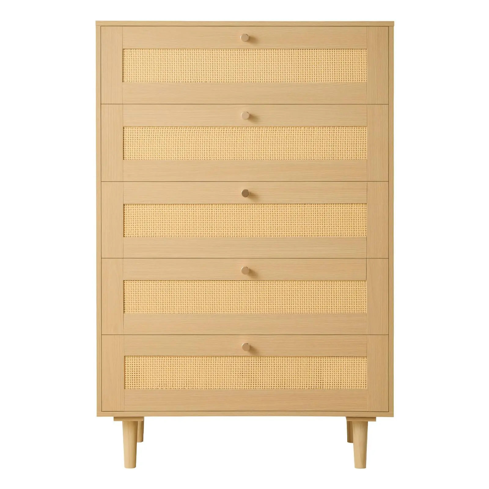 Handwoven Rattan Clothing Storage Cabinet - Modern 5-Drawer Home Organizer with Metal Handles, Wooden Legs, 22 lbs/10 kg Per Drawer, 66 lbs Total Capacity, Easy-to-Install, Anti-Tip Safe for Bedroom Vanity Organization, Dorm Room Ideas Setup Inspo