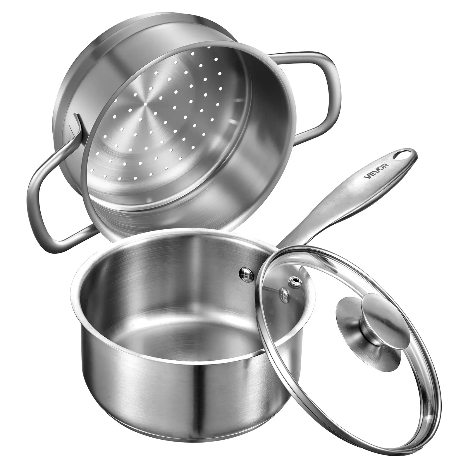 【Summerfinds】VEVOR 1.5 QT Tri-Ply Steel Metal Saucepan Cookware with Nonstick Steamer, Smooth Finish, Ergo Handle, Glass Lid, Oven-Dishwasher-Induction Friendly for Steaming Veggies, Cooking Sauces