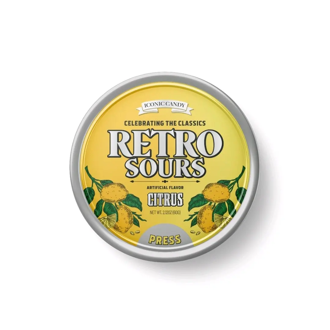 Retro Sour Tins- Hard Tangy Candy- Tangerine , Citrus & Mango  Flavored, 1 Tin tilktok candy  Snack