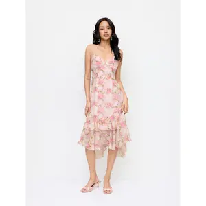 Cider Chiffon Floral V-neck Layered Mermaid Midi Dress