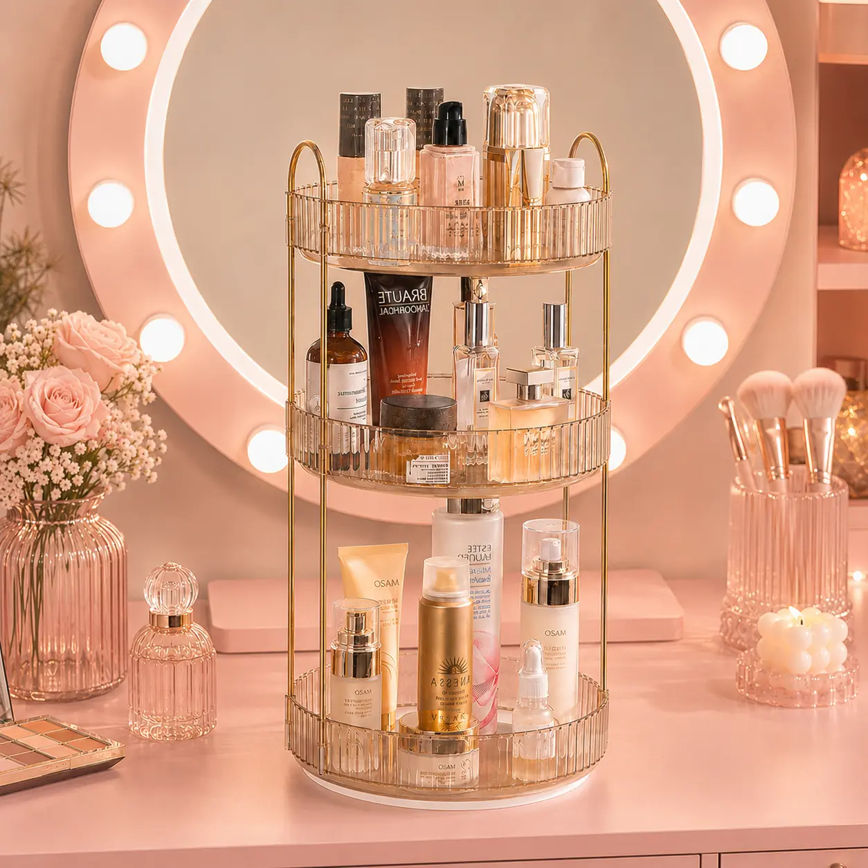 360° Rotating Makeup Organizer 3 Tier Cosmetic Storage Rack with Gold Metal Frame, Green Acrylic Shelves, Perfume & Skincare Organizer, Vanity Countertop Display Stand, Bathroom Organizer, Lazy Susan Storage, Jewelry Holder, Gift