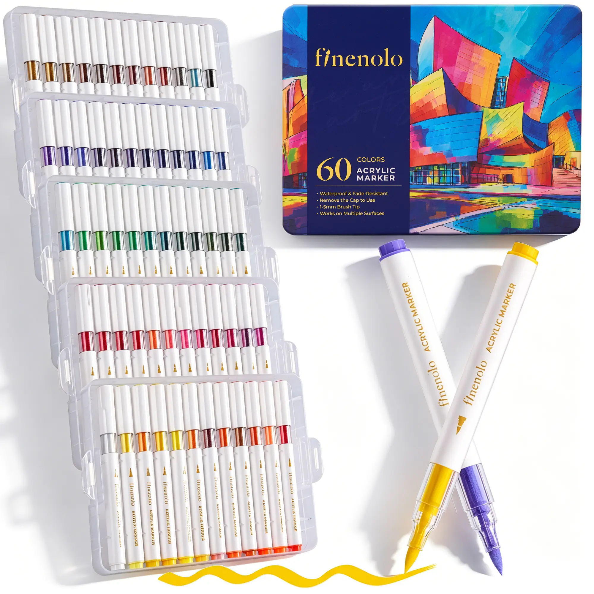 FINENOLO Brush Tip Acrylic Paint Markers Set (24/36/60 Pack) with Portable Stackable Storage Box, Premium Acrylic Paint Pens for Rock Painting, Fabric, Ceramic, Wood, Canvas, DIY Crafts Art Supplies DealsforYouDays