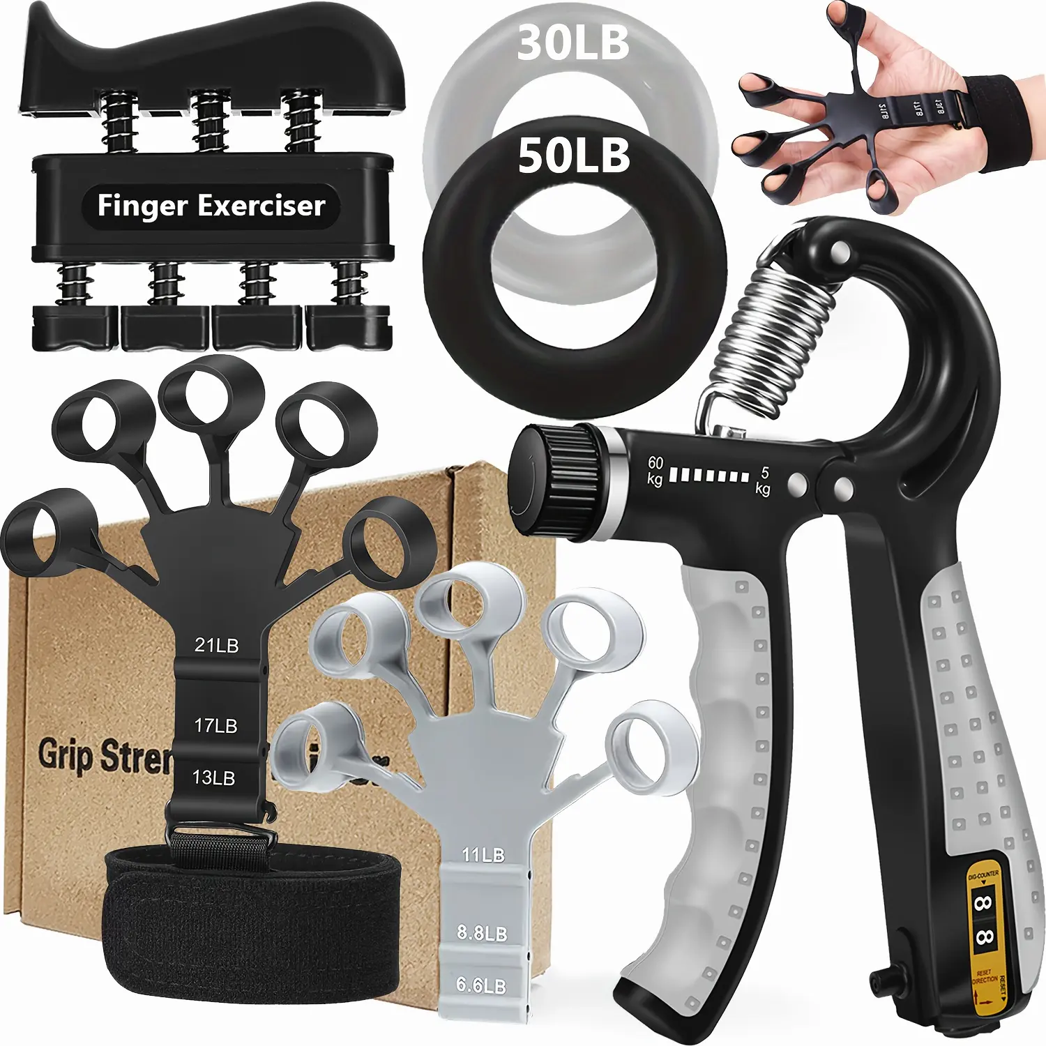 Grip Strength Trainer (6pcs) - Adjustable Hand Gripper, Finger Exerciser, Large Size Forearm Workout Rings And Finger Stretcher - Grip Strengthener And Extensor Trainer for Any Sizes Hand & Finger