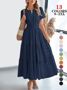 Women's Summer 2026 Casual Chic Maxi Dress Lightweight Short Sleeve V Neck Boho Bohemian Womenswear Dress with Pockets #Outdoorfun