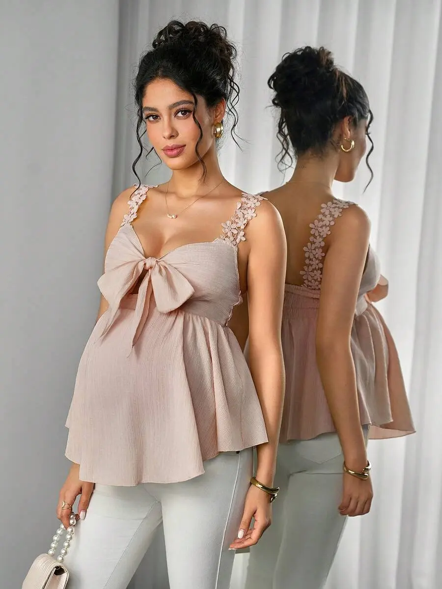 SAMT Maternity Lace Camisole Bow Tie Front A Line Ruffle Hem Shirt Summer