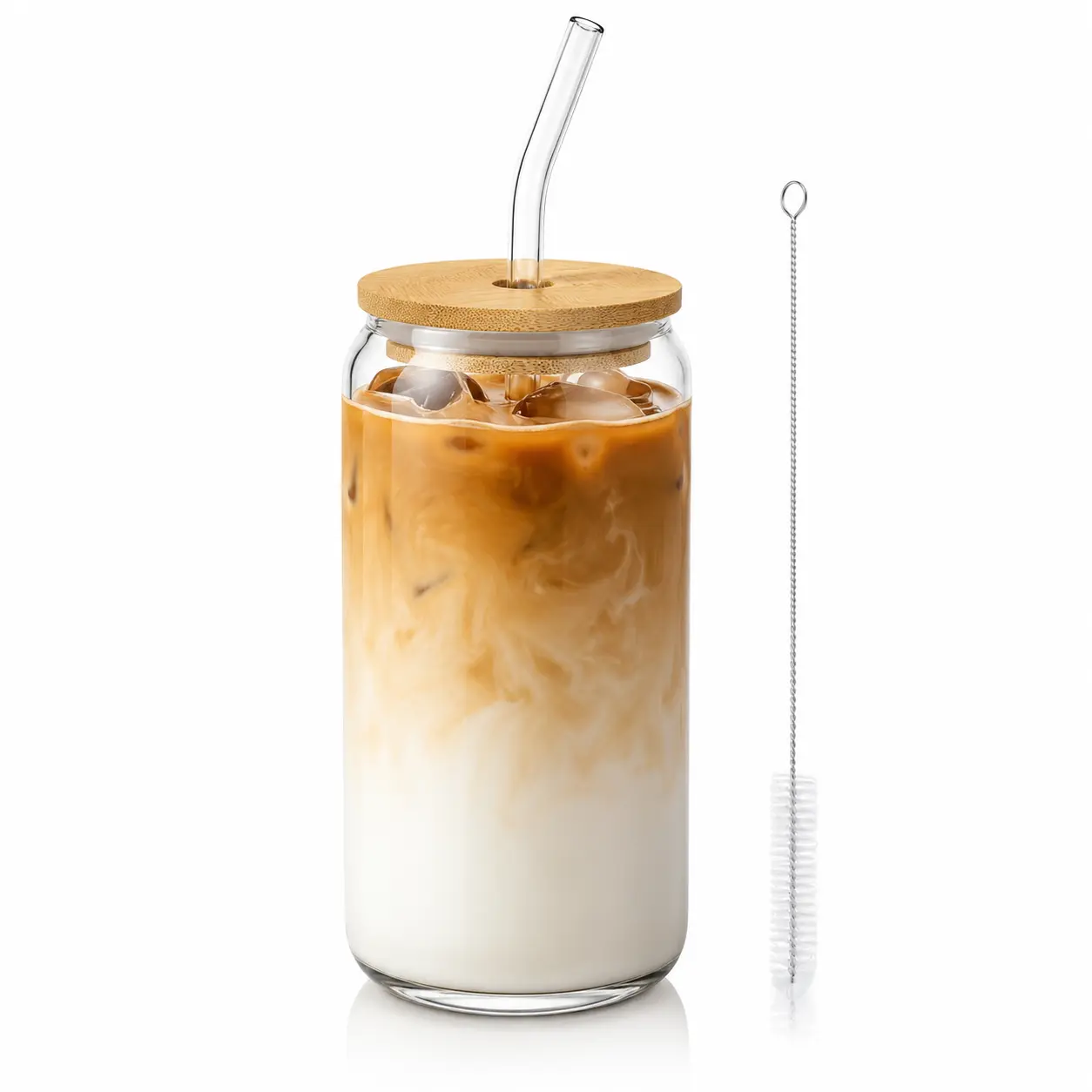 MIUVA 16 oz Classic Stylish Borosilicate Can-Shaped Drinkware Tumblers Set, Perfect Birthday Gift Idea, Reusable Glass Bottles with Silicone Ring, Bamboo Lid, Glass Straw & Cleaning Brush - Glass Cups with Lids for Iced Coffee, Soda, Cocktail
