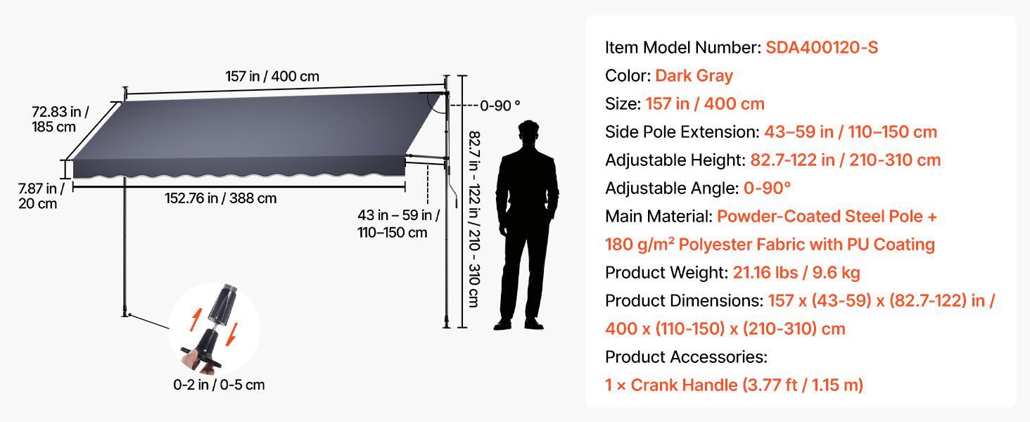VEVOR Manual Retractable Awning, 157" Outdoor Retractable Patio Awning Sunshade Shelter, Height Adjustable Patio Door Window Canopy with Manual Crank Handle for Backyard, Garden, Balcony, Dark Gray VEVOR Manual Retractable Awning, 157" Outdoor Retractable Patio Awning Sunshade Shelter, Height Adjustable Patio Door Window Canopy with Manual Crank Handle for Backyard, Garden, Balcony, Dark Gray