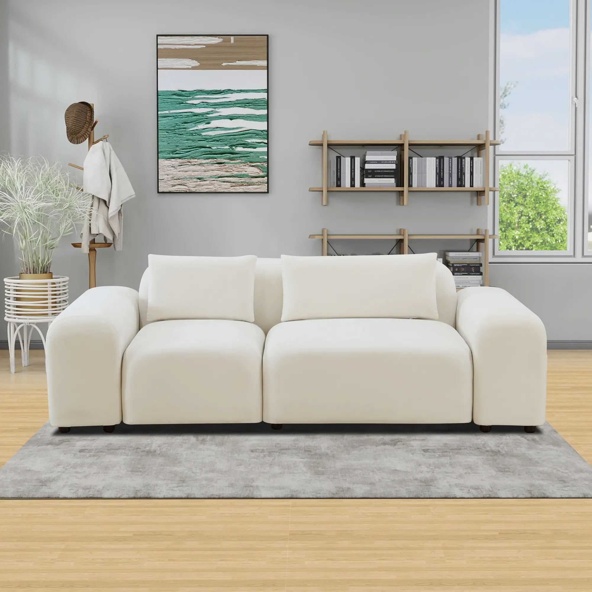 A AINEHOME White Microfiber 2-Piece Living Room Sofa Set Modern Loveseat with Underseat Storage Beige Corduroy Chaise Lounge with Ottoman