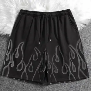 Men’s Retro Flame Print Shorts – Summer Drawstring Bermuda Shorts, Streetwear Casual Athletic Mid-Length Shorts