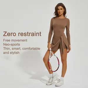 Women’s UPF50+ Sun Protection Long Sleeve Tennis Outfit, Anti-Slip Fake Two-Piece Tennis Skort, Quick Dry Activewear Set for Tennis Badminton Running Training