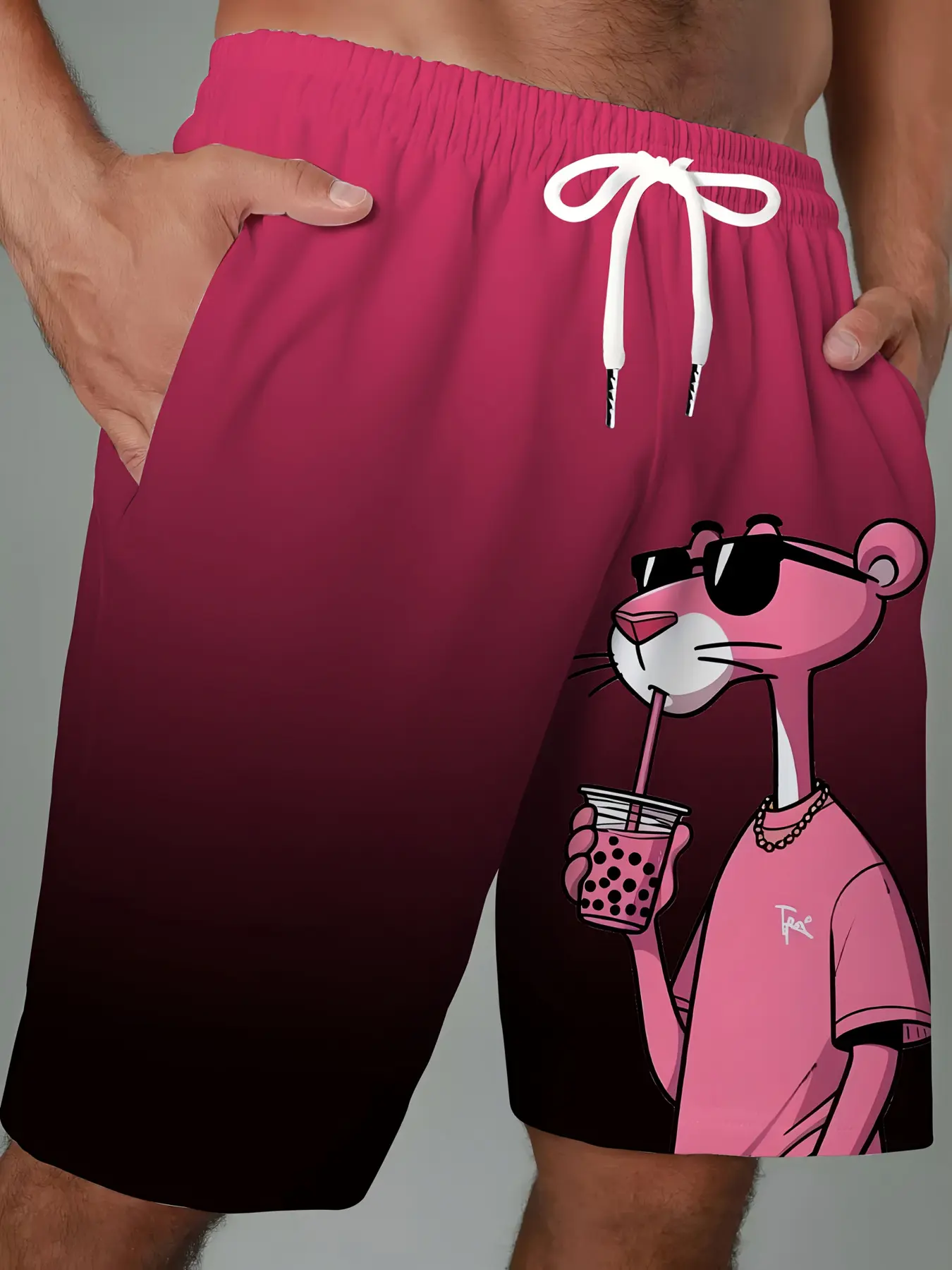 Big & tall men's gradient color cartoon print beach shorts, Summer Swim Bottoms, Bright pink swim shorts, Swimsuit shorts, featuring waistband design and side pockets, machine washable summer swimwear, suitable for extra large size