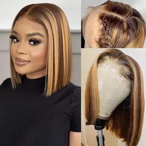 Hd Transparent Wear and Go Glueless P4/27 Highlight Bob Wig Human Hair 13X4 Frontal Lace Wig Ombre Brown Honey Blonde Highlight Blunt Cut Bob Wig Human Hair Lace Front Pre Plucked with Bleached Konts