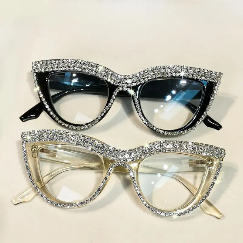 Women's Cat Eye Rhinestone Full-Frame Glasses - Blue Light Blocking Polycarbonate Lenses, Elegant Sparkling Design, Black & Translucent Frames, Theatrical Party & Festival Party Decorative Eyewear, Theatrical Party Eyewear, Festival Party Eyewear