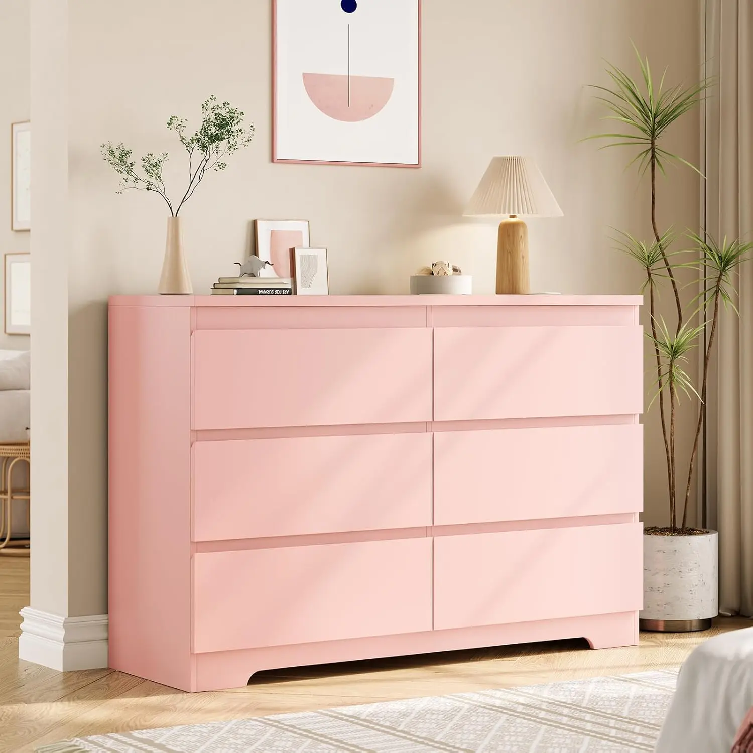 Blush Pink Sturdy Dresser - 6-Drawer Indoor Storage Cabinet Chest, Makeup Vanity Furniture, Sturdy Dressers