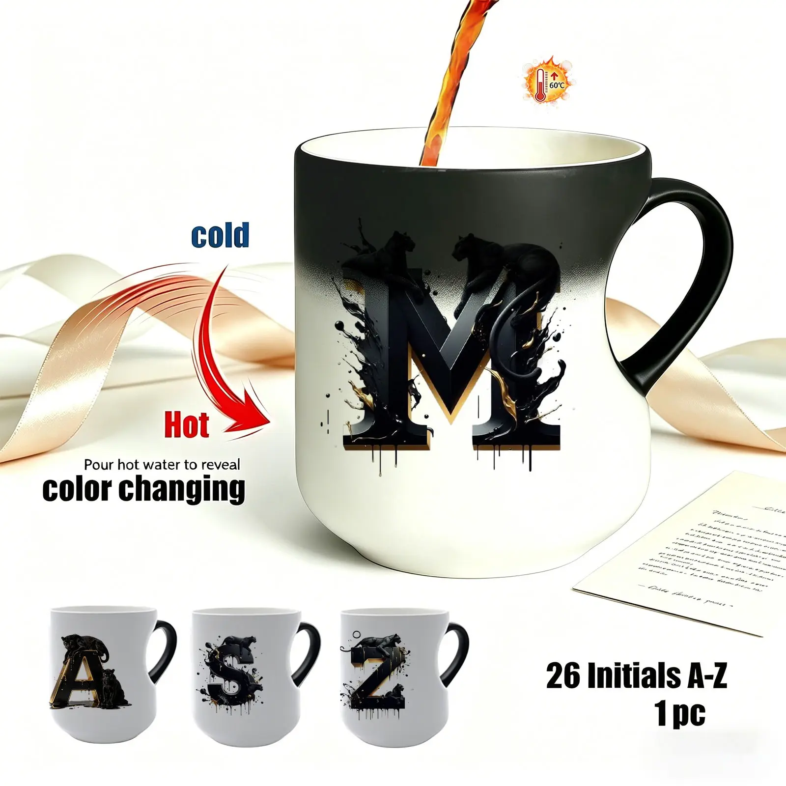 A-Z Panther Initial Color Changing Reusable Ceramic Mug, 11oz Heat Reactive Magic Coffee Cup, Personalized Gift Mug, Ceramic Printed Drinkware, Birthday Father's Day gift for father, boyfriend, lovers and he, Drinkware