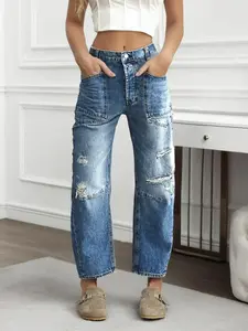 New Summer Spring Fashion Womenswear Jeans, Trendy Street Style Ripped Denim Jeans, Casual Fitted Straight Leg Pocket Jeans for All Seasons