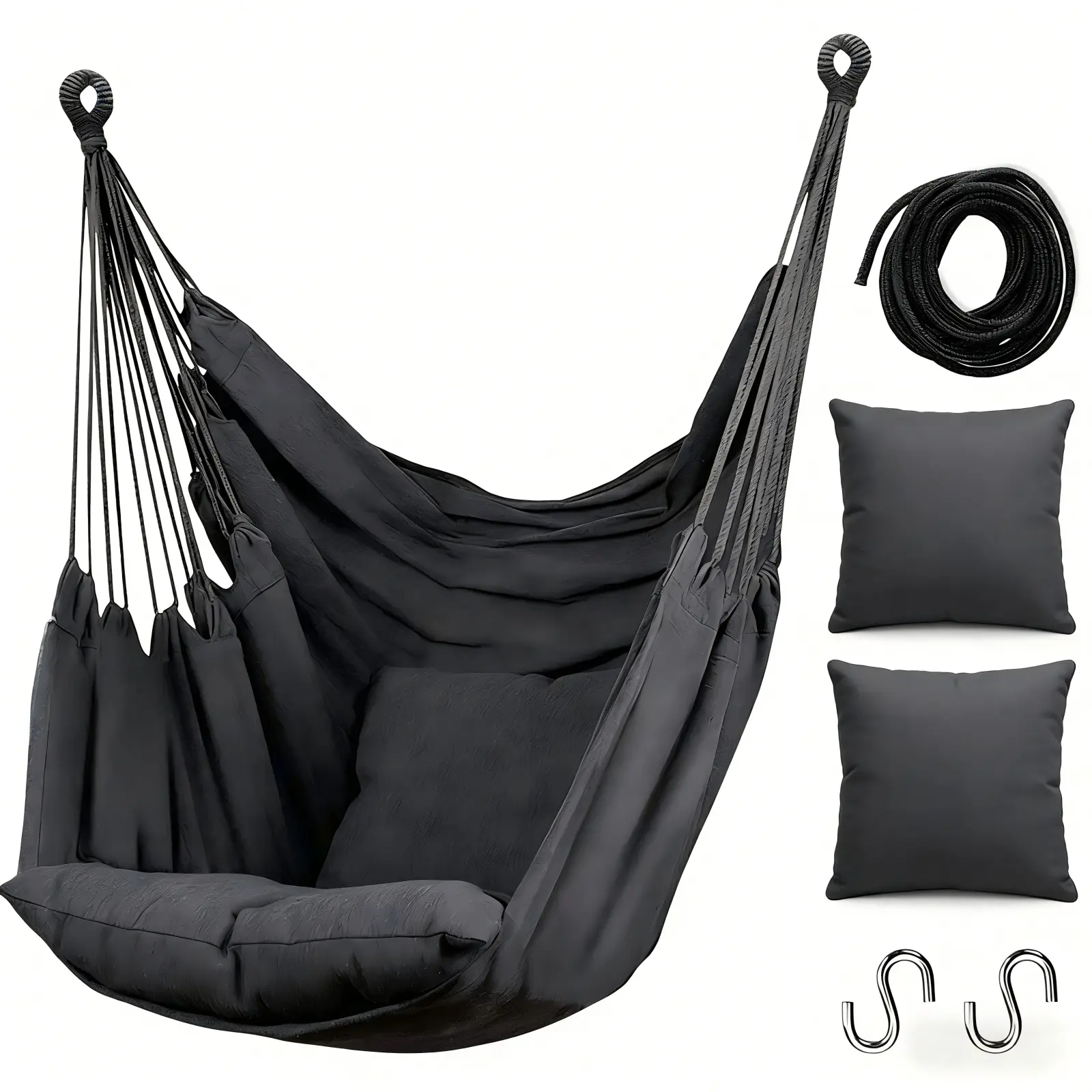 Hammock Chair Hanging Rope Swing Chair, Durable & Spacious Max 300 Lbs, 2 Seat Cushions Included,  Anti-Slip Rings, Hanging Chair for Outdoor, Home, Bedroom, Patio, Yard