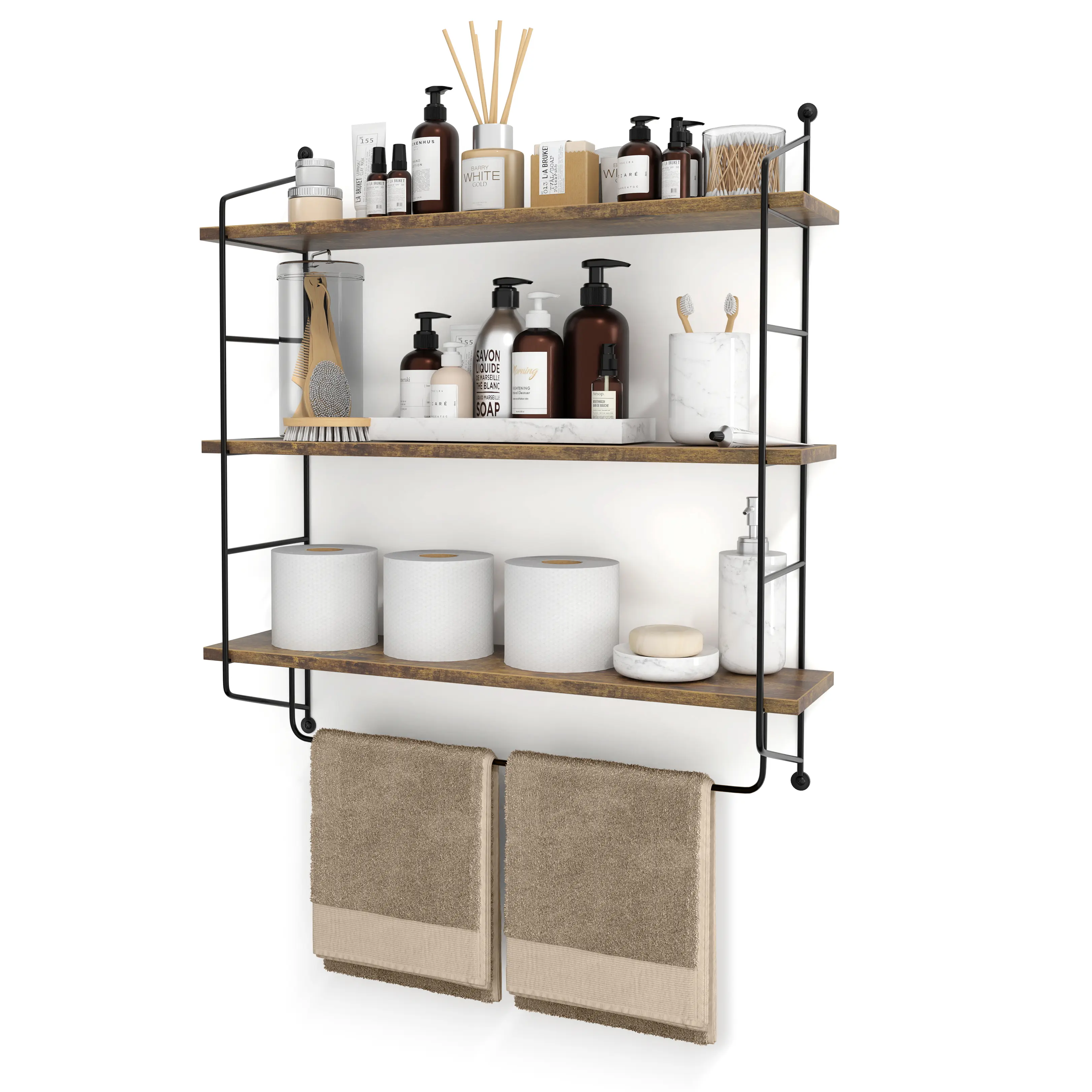 Sorbus 3-Tier Wooden Floating Bathroom Shelf with Metal Brackets, Space-Saving Bathroom Organiser for Home Supplies, Floating Shelves