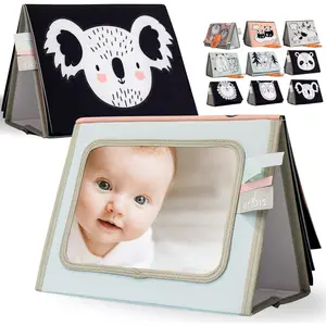 Baby Tummy Time Soft Fabric Book - Large Baby-Safe Stimulating Mirror, Crinkle Filling, Silicone Teether, High-Contrast Montessori Toy for Newborn Early Development & Teething Activities
