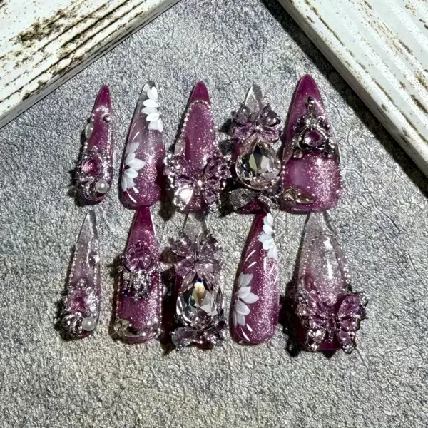 Flourishing Blossom Transparent Pink High Quality Dimond Acrylic Luxury Handmade Press On Nails, Acrylic Fake Nails, Press-On Nails Acrylic