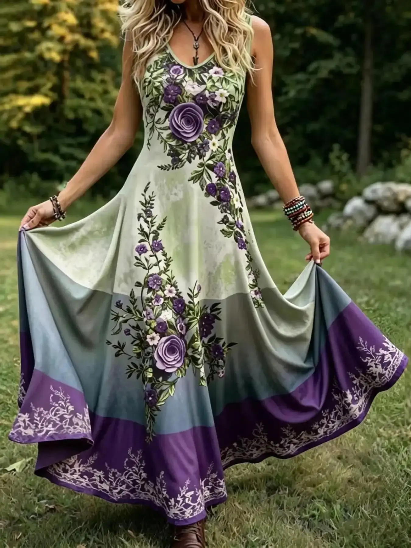 Vintage Celtic Knot Long Dress, Boho Sleeveless V Neck Gown, Loose-Fitting All over Print, Larp Renaissance Festival, Bohemian Women, Romantic regular fit dressed up timeless on trend