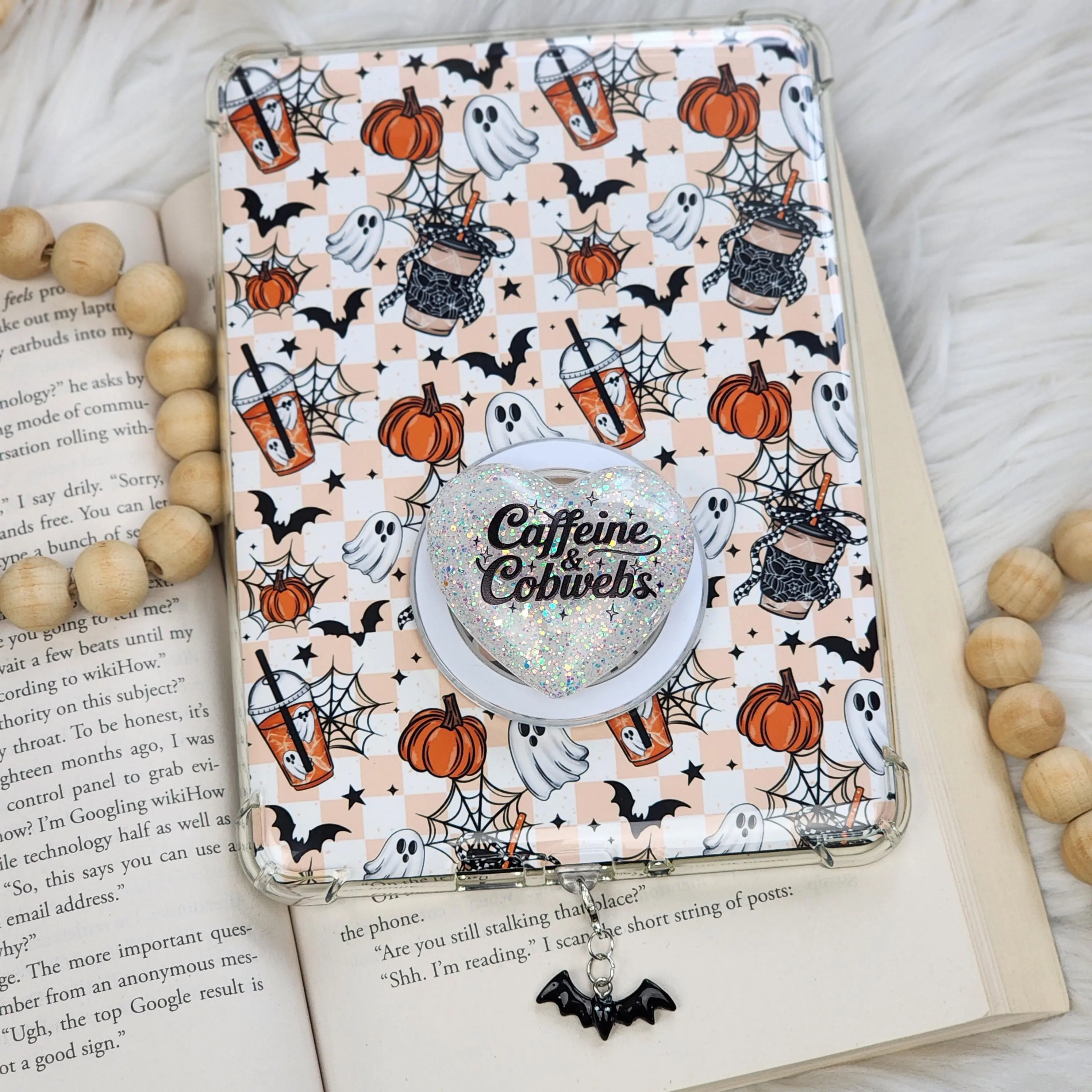 Kindle Accessories Set | Cobwebs and Coffee Checkered | Insert, Grip & Charm