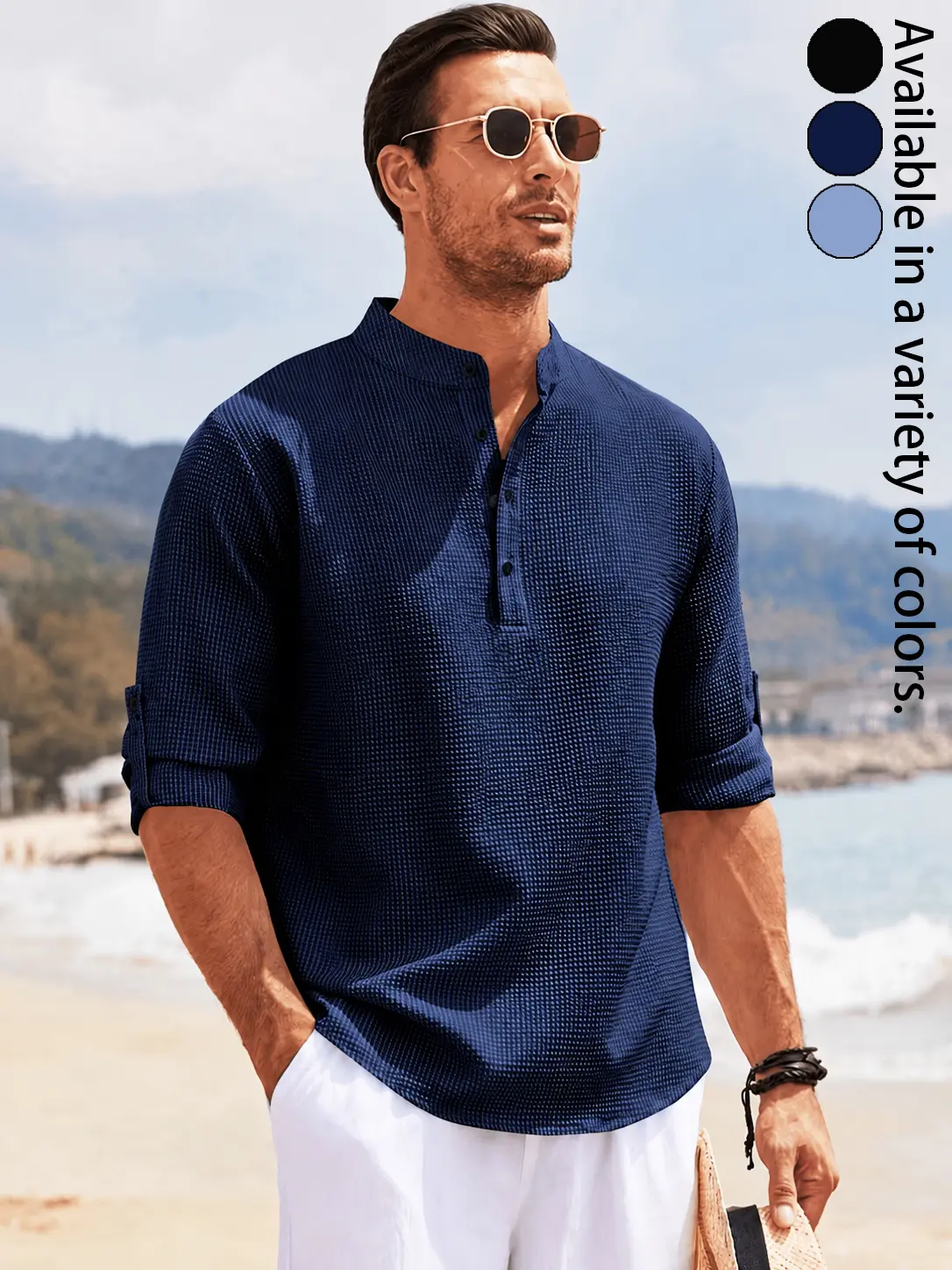 Men's Adjustable Sleeve Henley Shirt, Textured Seersucker Button Placket Top, Roll Tab Long Sleeve Casual Pullover, Lightweight Breathable Easy Care Beach Vacation Shirt, Relaxed Fit Summer Streetwear Top for Daily Wear, Travel, Resort and Weekend Outfits