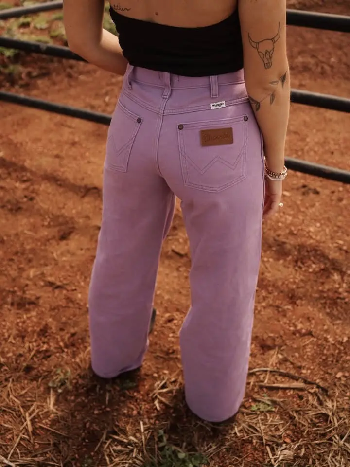 Wrangler Women's Penelope Purple Wide Leg Jeans, Plain Casual Full Length 100% Cotton Pants with No Stretch, Denim, Wide-Leg Pants, Pocket, Lady, Bottom