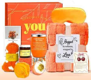 Mothersday Gifts for Women Self Care Gift Set, Orange Relaxing Spa Gifts Basket Women Care Package Get Well Soon Gifts, Unique Fall Gifts for Mom Her Wife Sister Grandma, Thinking of You Gifts