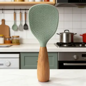 Silicone Spoon with Wooden Handle, 1 Count Heat-Insulation & Heat-Resistant Spoon for Rice Cooker, Practical Kitchen Tool for Home & Restaurant, Kitchen Cooking Accessories