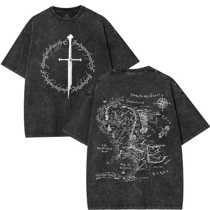 Men's Lord of the Rings Cotton Top - JRR Tolkien Middle Earth Map, Shortleeve, Casual, Distressed, Festive, Round Neck Menswear Gift Apparel, Shortsleeve, Vintage